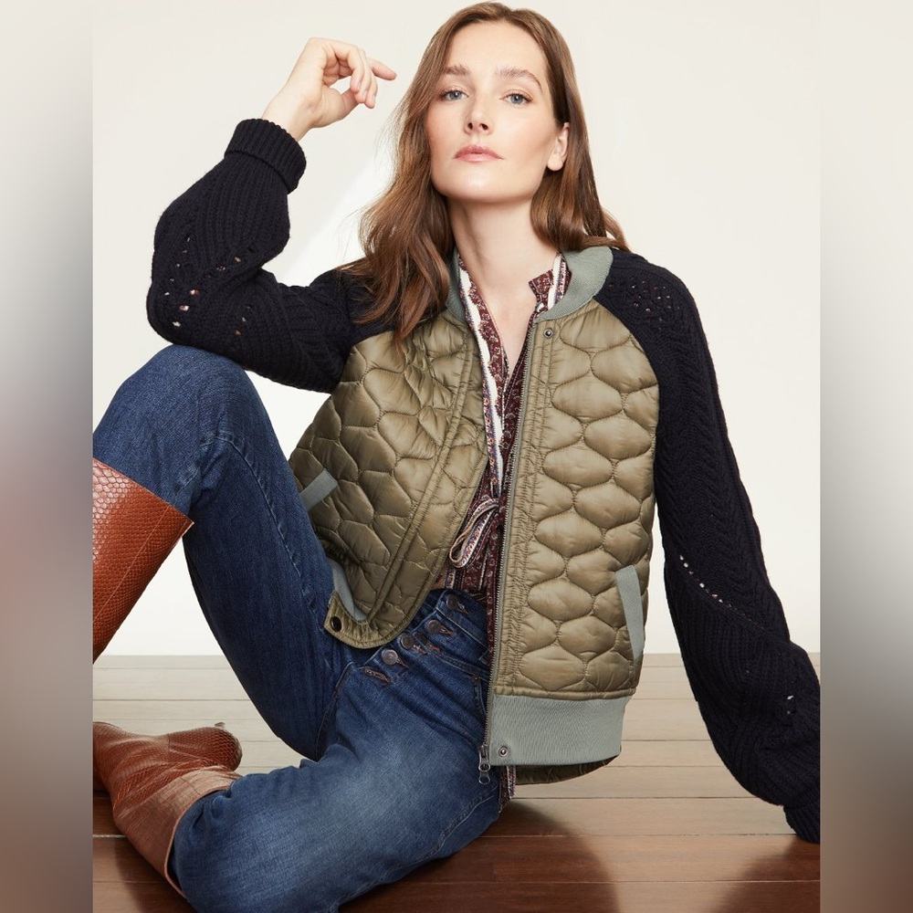 Veronica Beard mixed media barn/bomber jacket. Navy/Green.